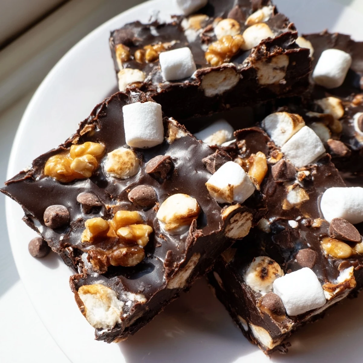 Creamy easy rocky road fudge studded with marshmallows, nuts, and chocolate chips on a white plate