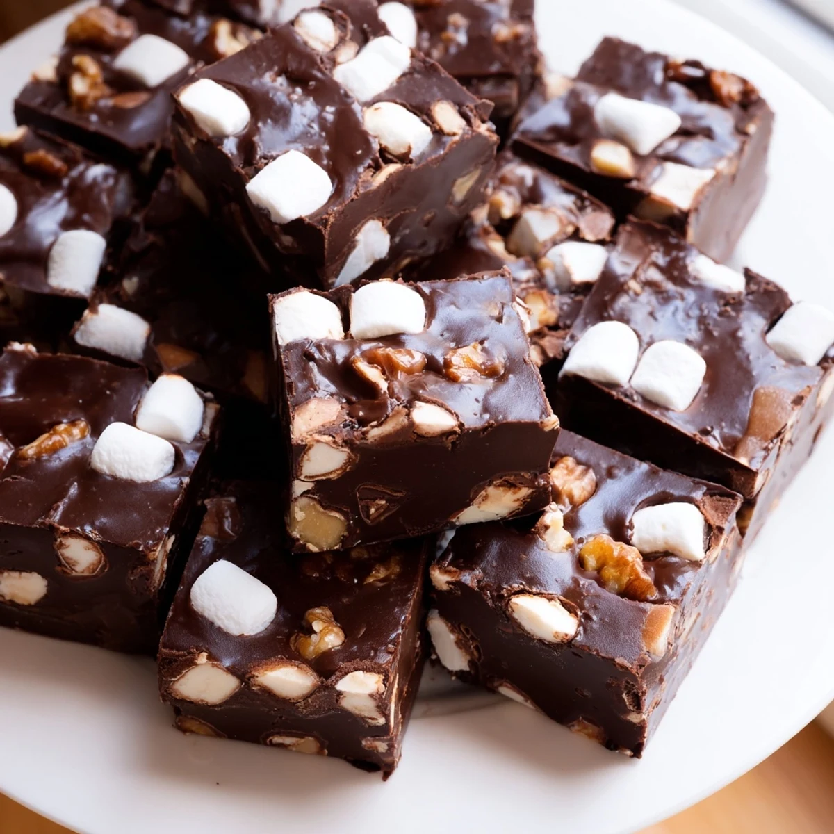Homemade easy rocky road fudge showing smooth chocolate texture with mini marshmallows scattered throughout