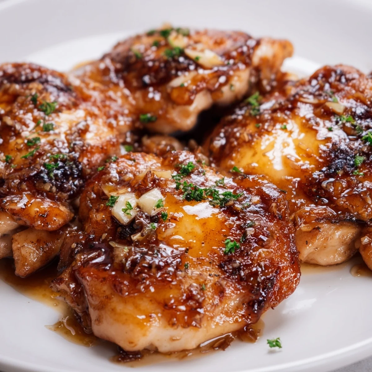 Golden brown chicken thighs coated in a glossy apple cider sauce with fresh parsley garnish
