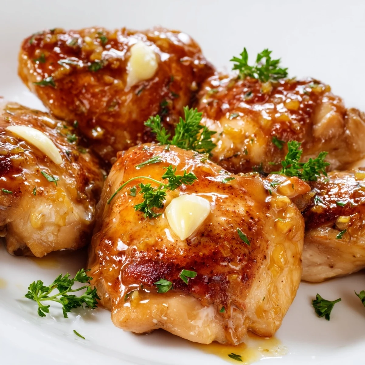 Tender sticky apple cider chicken thighs glistening with sweet tangy glaze on a white plate