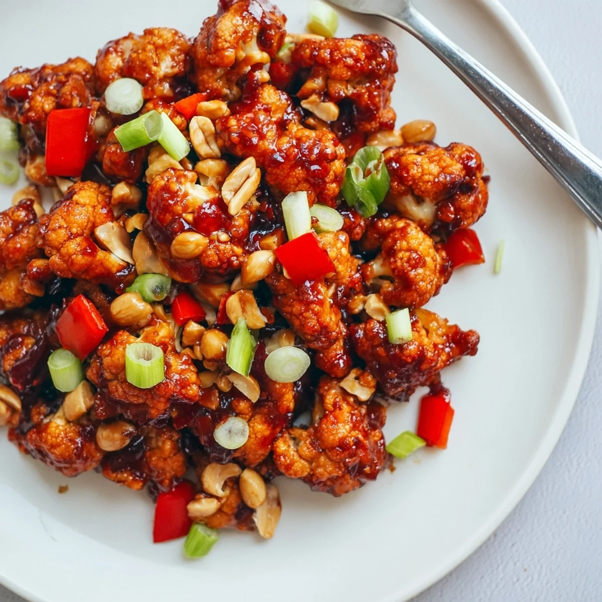Golden crispy Kung Pao Cauliflower tossed in spicy sweet glaze with roasted peanuts and vibrant red peppers