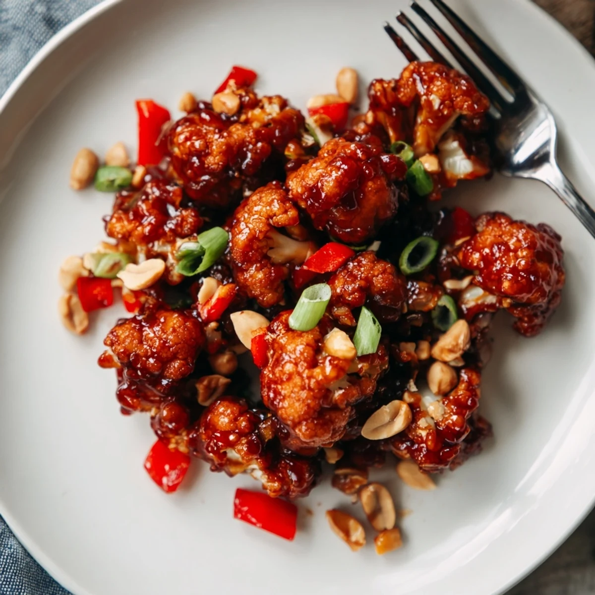 Crispy roasted Kung Pao Cauliflower wok tossed in glossy sauce with colorful vegetables and toasted peanut garnish