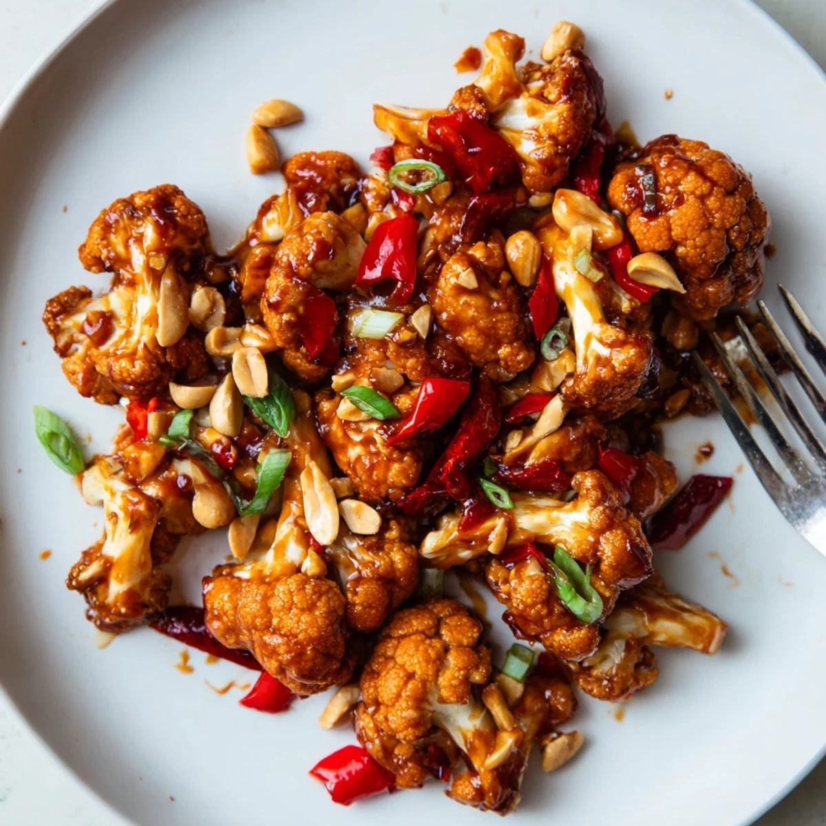 Vegan Kung Pao Cauliflower stir fry featuring crunchy cauliflower florets coated in tangy sauce scattered with peanuts
