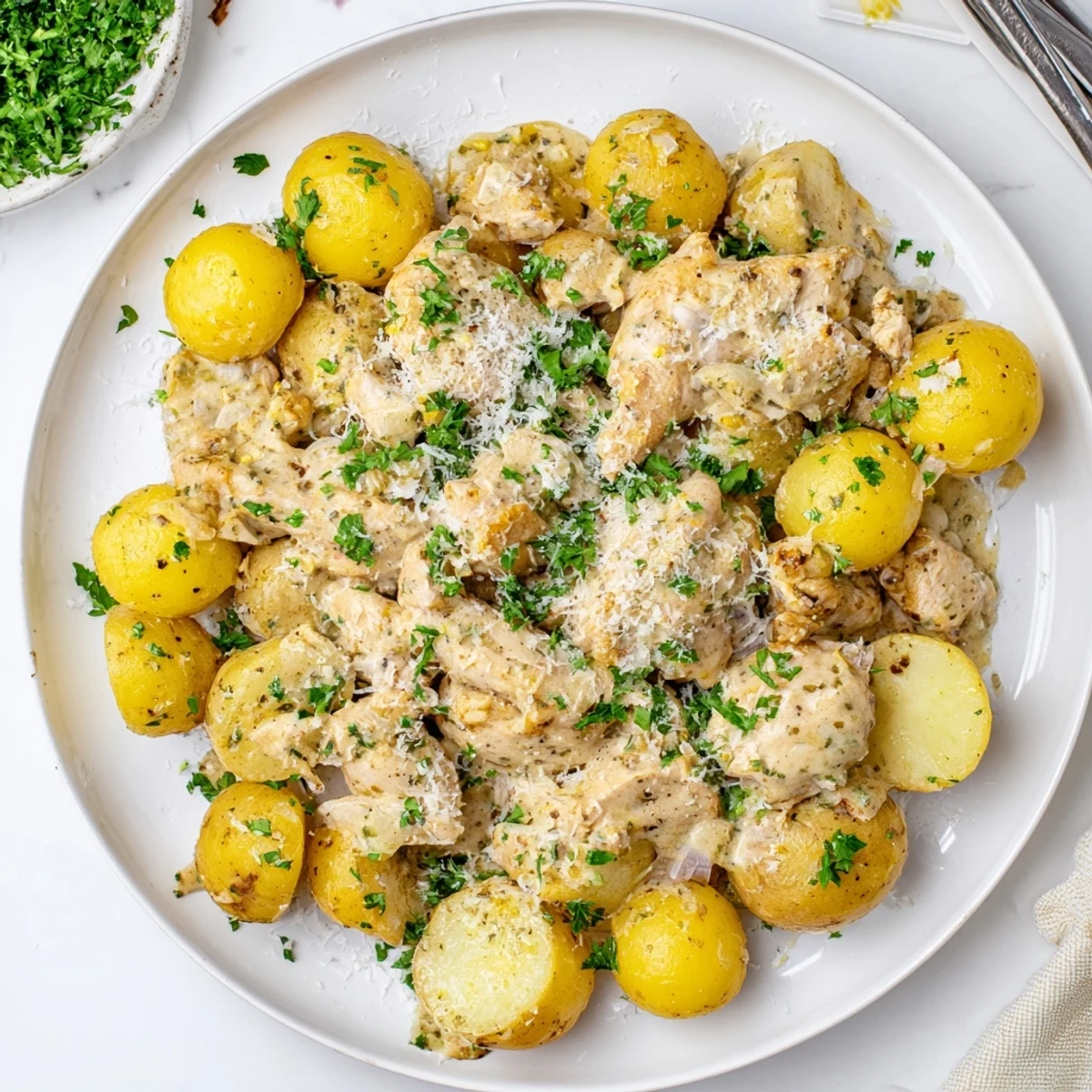 Slow cooker garlic parmesan chicken and potatoes with tender chicken breasts nestled beside creamy baby potatoes in rich garlic sauce