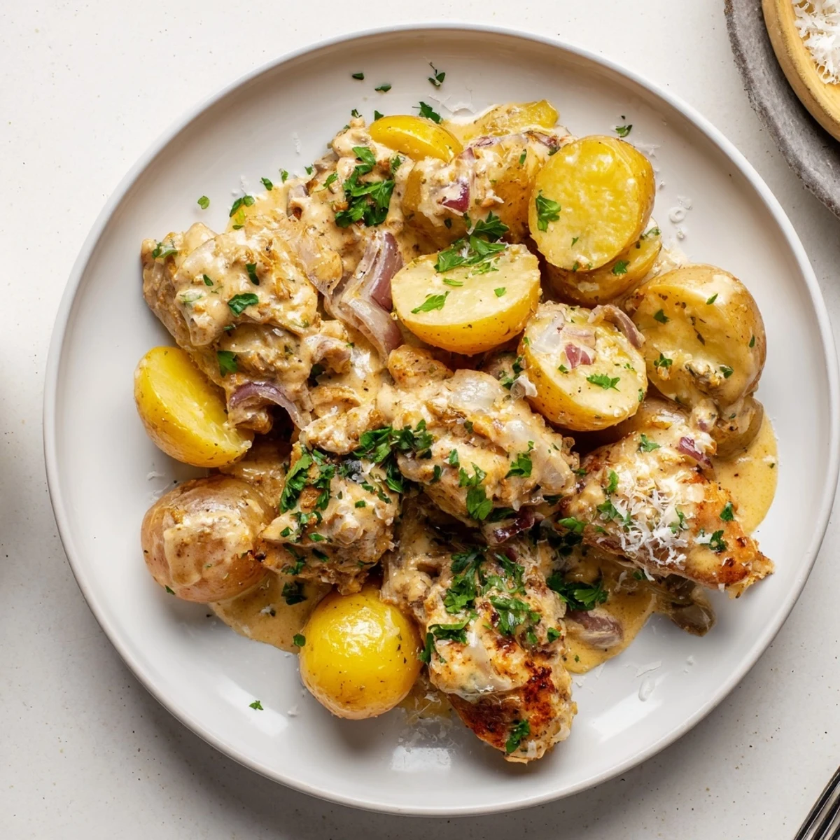 Comforting slow cooker garlic parmesan chicken and potatoes featuring succulent chicken pieces and baby potatoes coated in a velvety white sauce