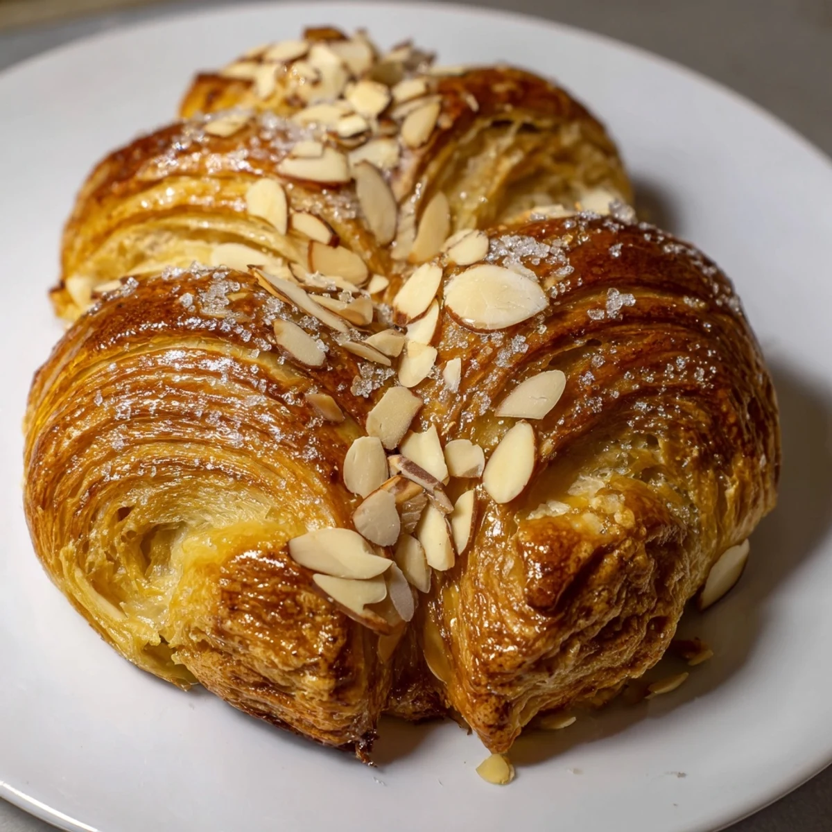 Crispy almond bear claw pastry topped with sliced almonds baked until golden brown