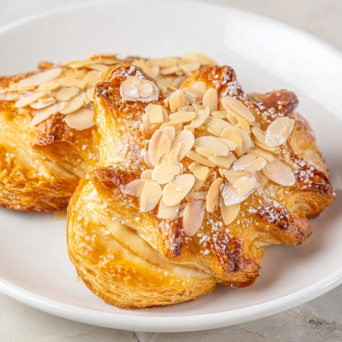 Flaky almond bear claw with sweet almond paste filling on white baking sheet