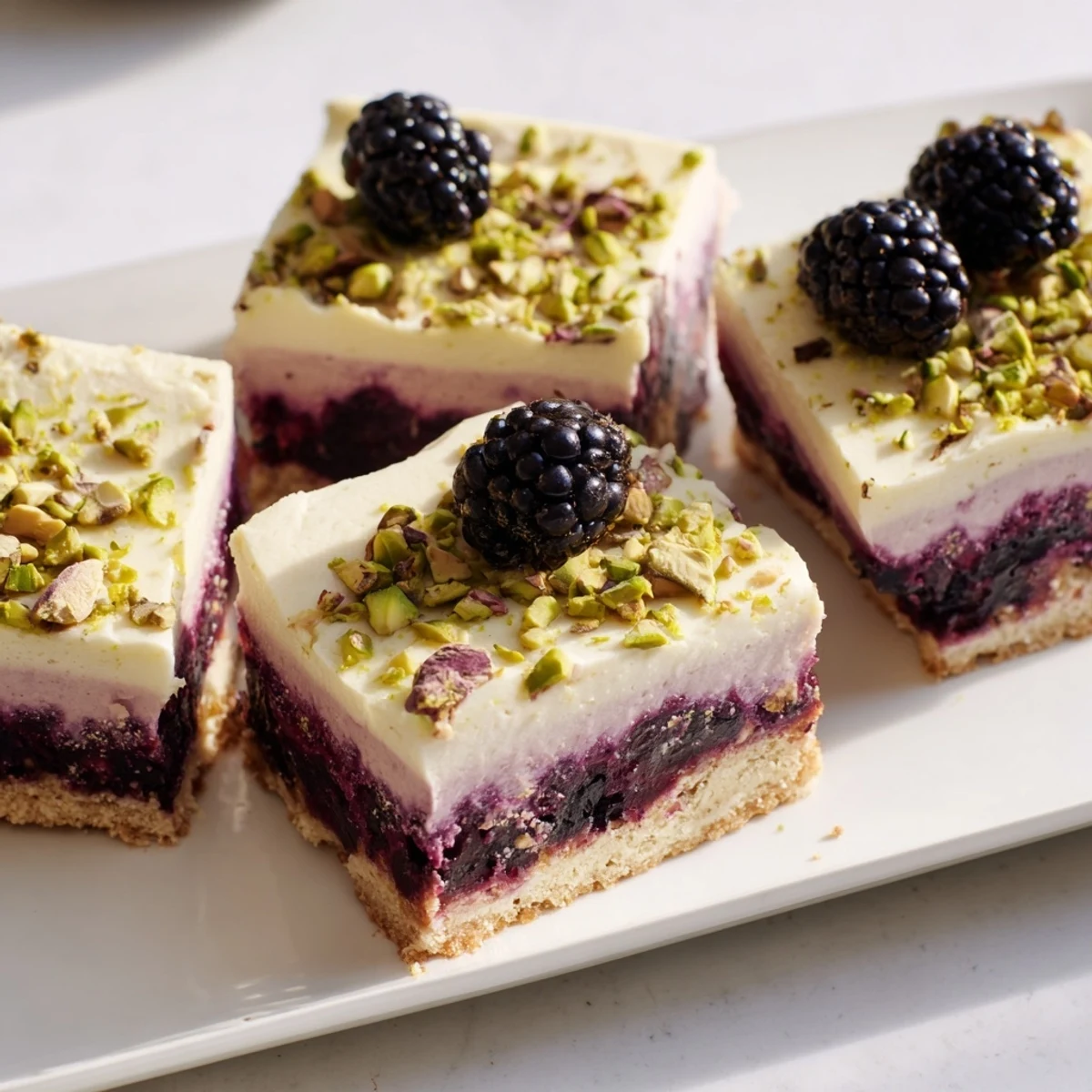Golden Blackberry Pistachio Dream Bars layered with tangy berry compote and creamy cheesecake topping