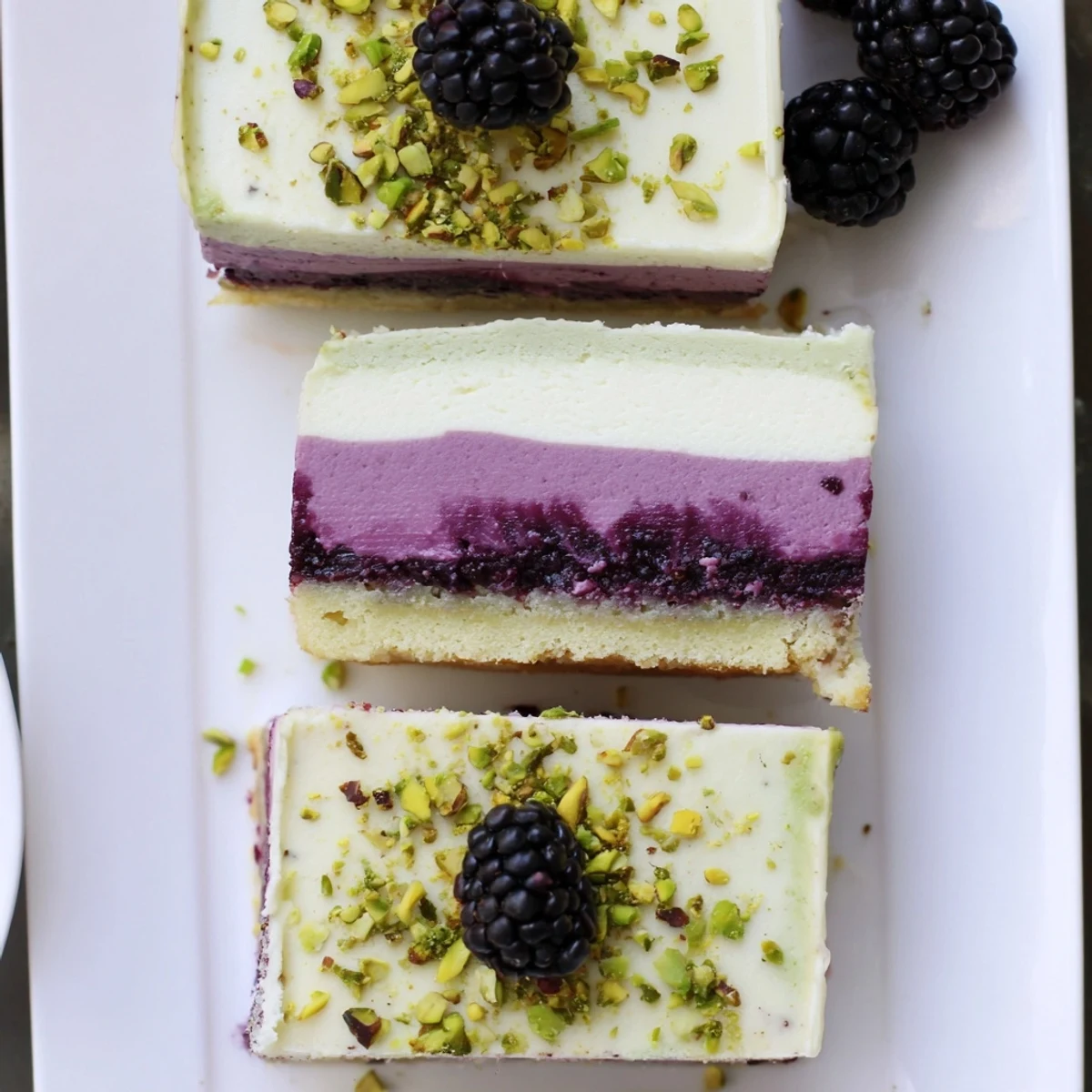 Chilled Blackberry Pistachio Dream Bars garnished with fresh berries and chopped pistachios on white plate