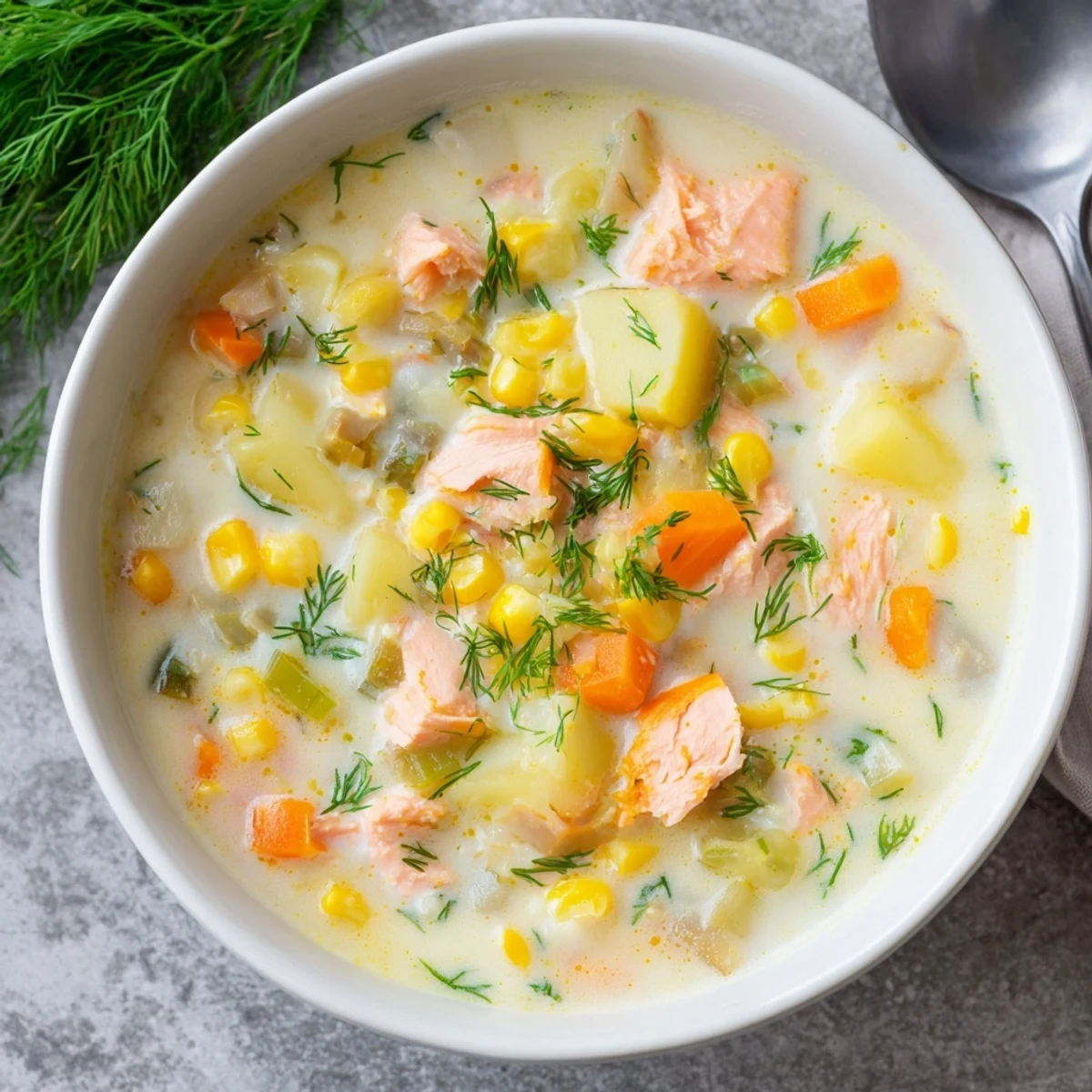 Cre chowder filled with chunks of smoked salmon, diced potatoes, and sweet corn in a rich white broth