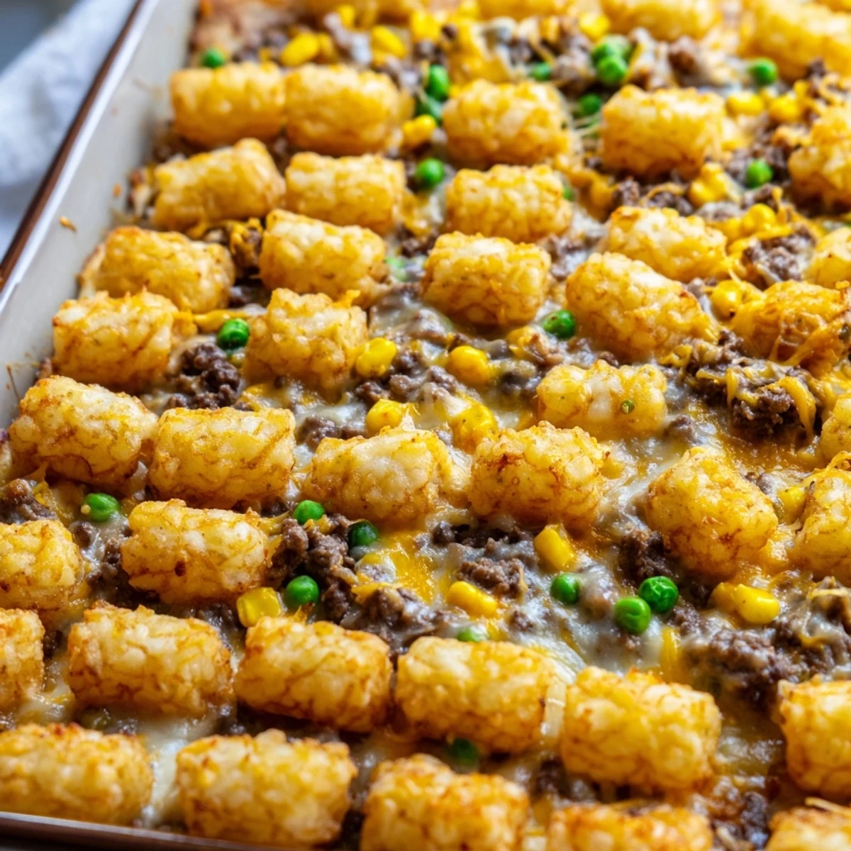 Golden crispy tater tots top this hearty Midwest casserole with savory ground beef and melted cheddar cheese