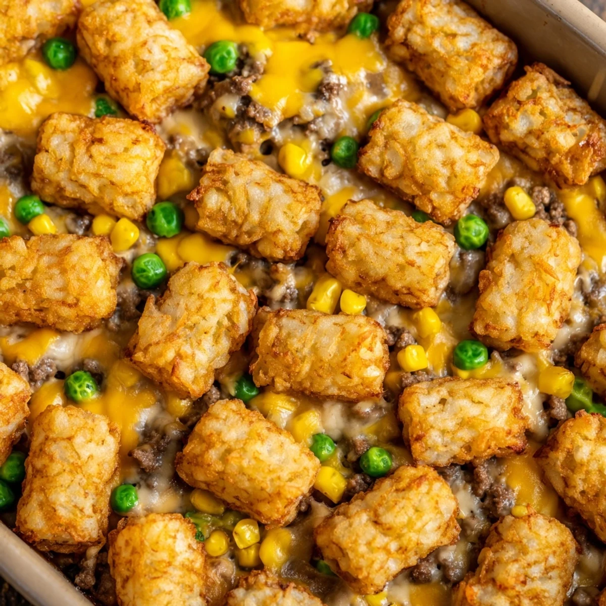 Steam rises from a bubbling 9x13 pan of comforting tater tot casserole featuring corn and creamy mushroom sauce