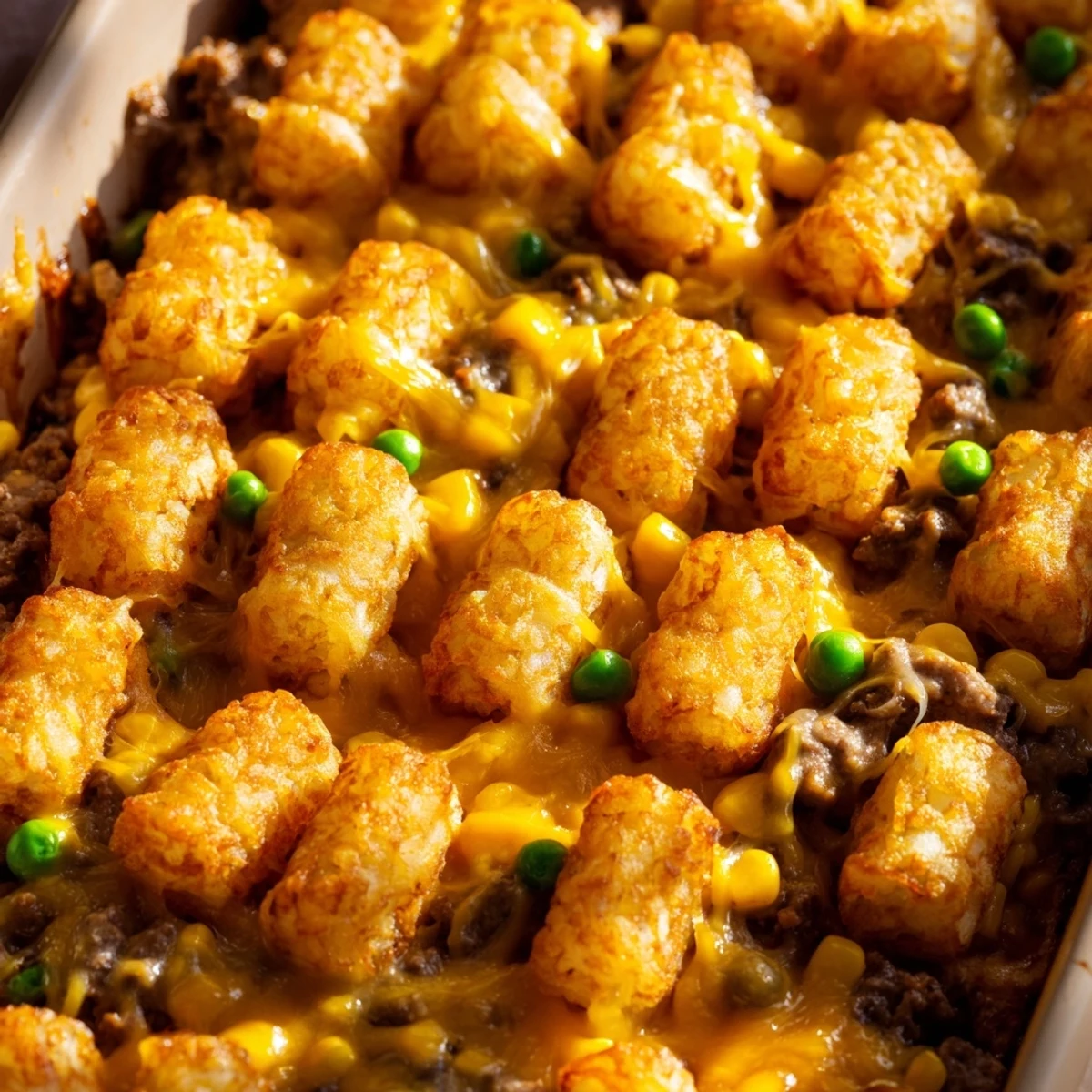 Family-style Midwest tater tot casserole displays a golden brown tot crust over seasoned beef and vegetable layers