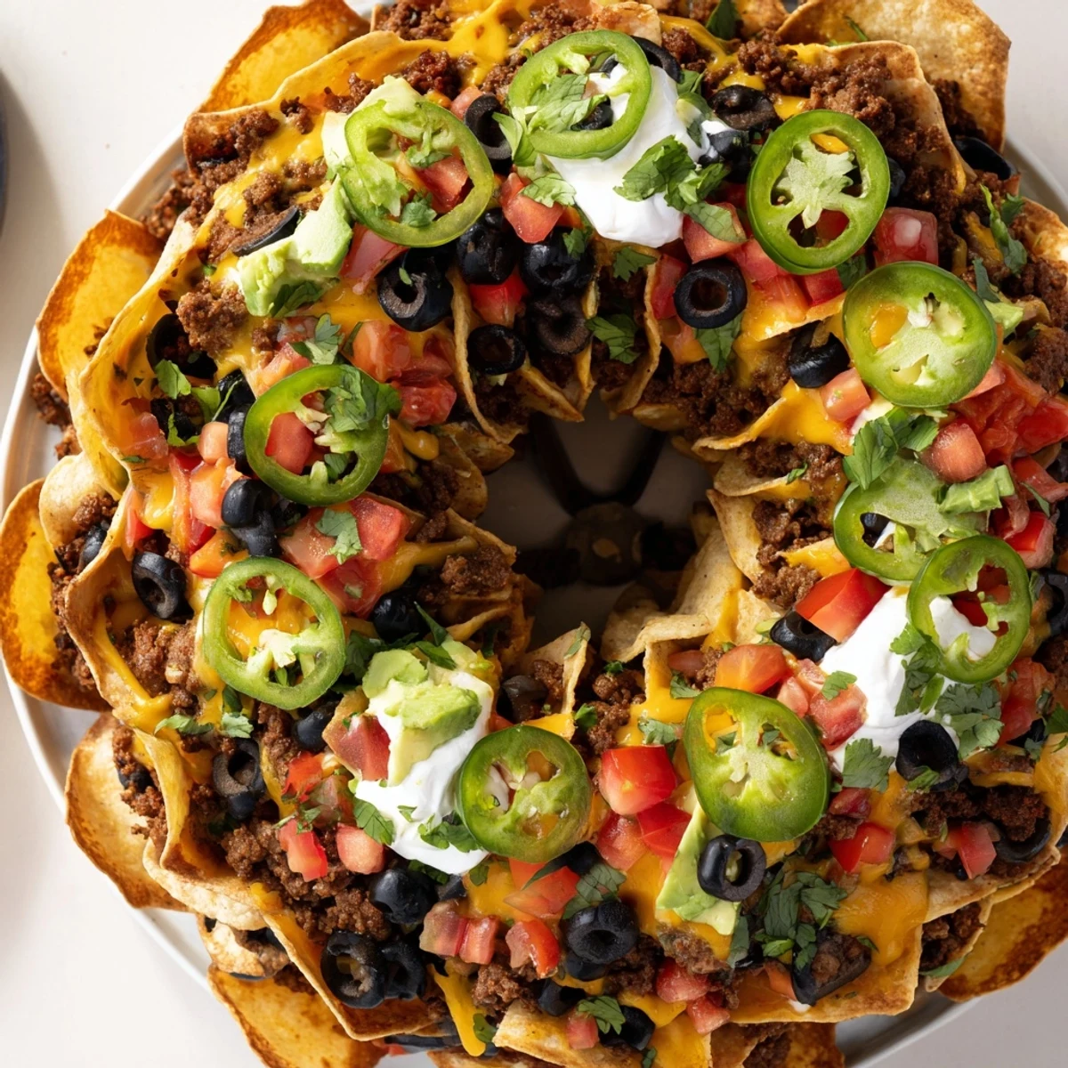 Golden Bundt pan nachos topped with melted cheese, seasoned beef, and colorful fresh toppings