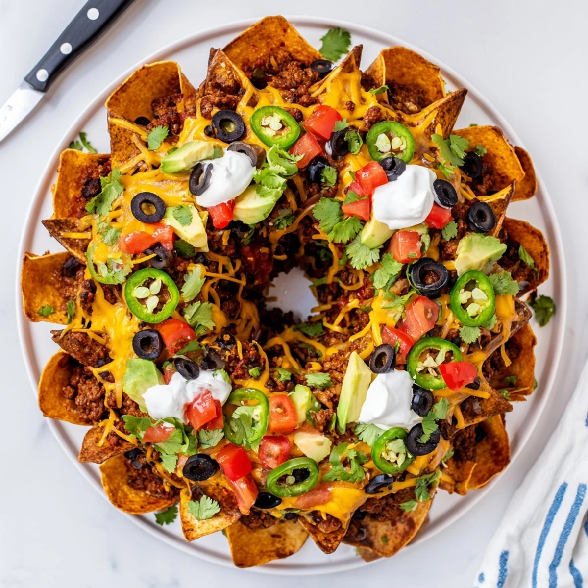 Ring-shaped nachos baked in a Bundt pan with layers of cheesy beef and crunchy tortilla chips