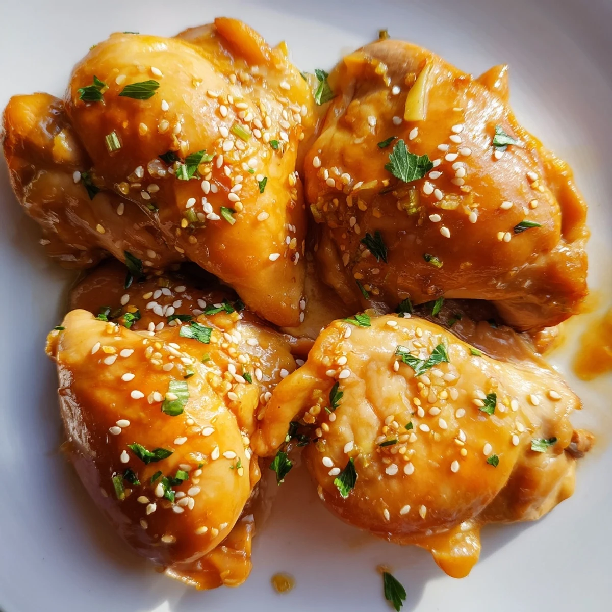 Golden brown honey garlic chicken thighs glazed with sticky sauce beside caramelized roasted sweet potato cubes