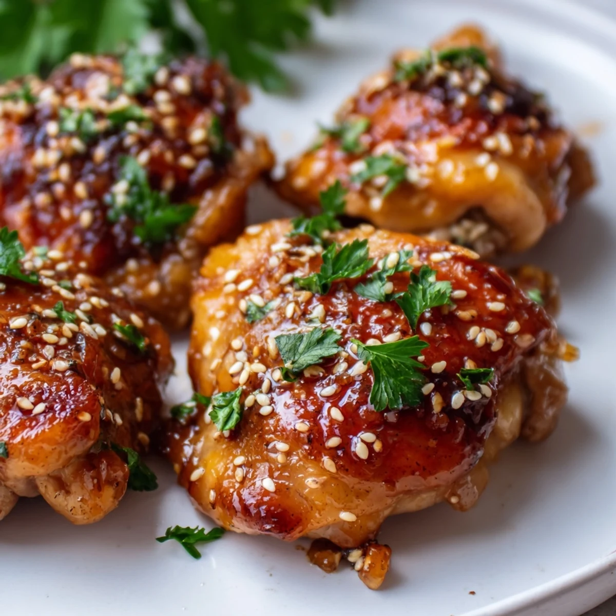 Tender baked chicken coated in sweet honey garlic glaze served with seasoned roasted sweet potatoes on white plate