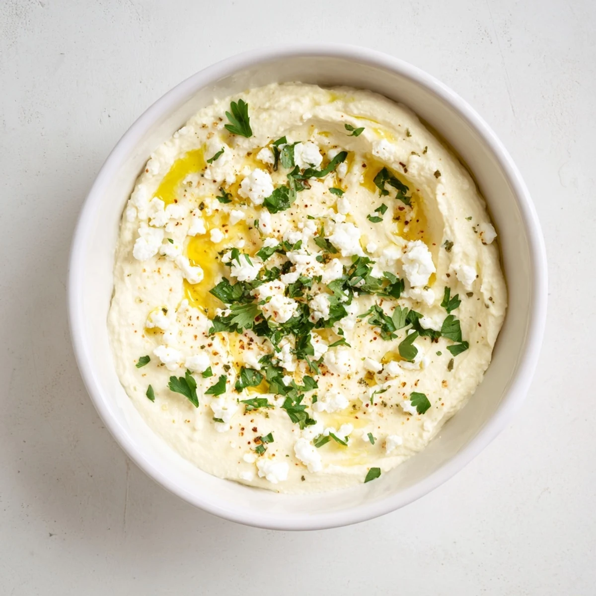 Creamy classic feta dip topped with olive oil and fresh herbs in a white serving bowl