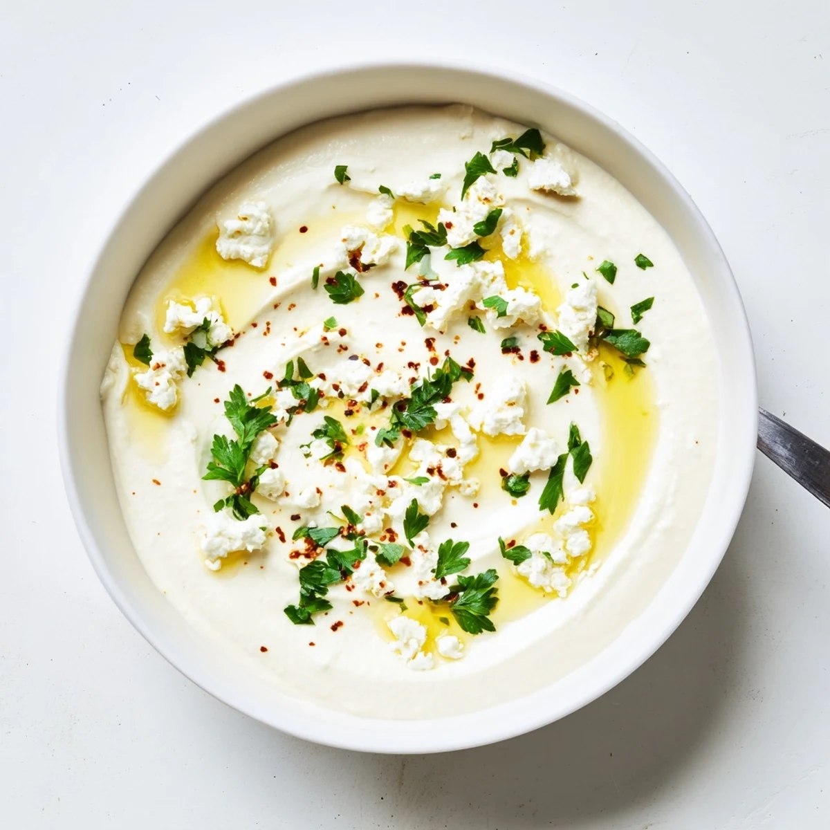Smooth Mediterranean classic feta dip spread garnished with crumbled feta and red pepper flakes