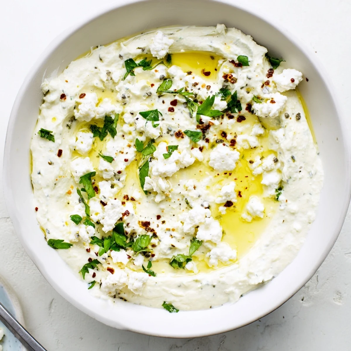 Rich classic feta dip plated with warm pita bread and fresh vegetable crudités for dipping