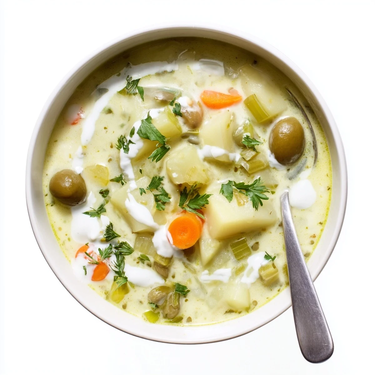 Vibrant Mediterranean green olive soup served with crusty bread on wooden table