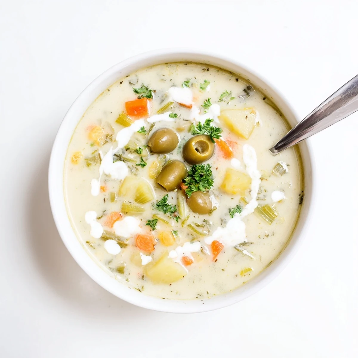 Creamy green olive soup garnished with fresh parsley in a white bowl