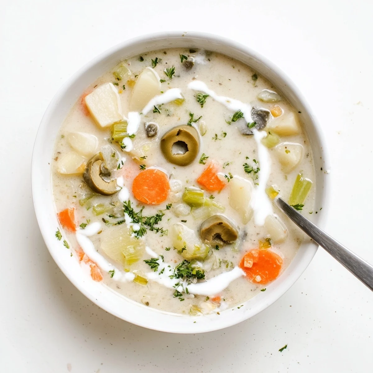 Delicious green olive soup with chopped olives and herbs in rustic bowl