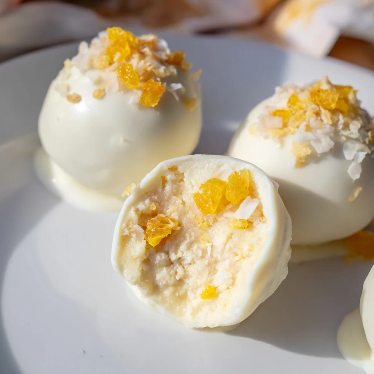 Hand-rolled tropical mango truffles coated in melted white chocolate and garnished with chopped pistachios