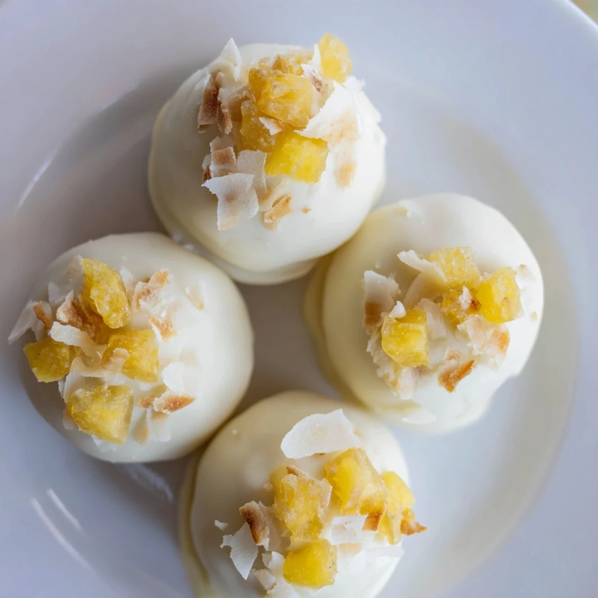 Creamy white chocolate mango truffles sprinkled with dried mango and coconut flakes on a marble surface