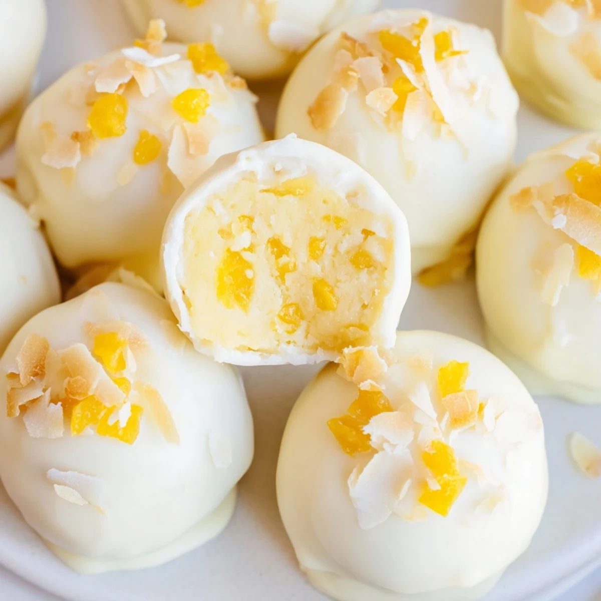 Golden mango truffles with smooth white chocolate ganache center served on elegant parchment paper