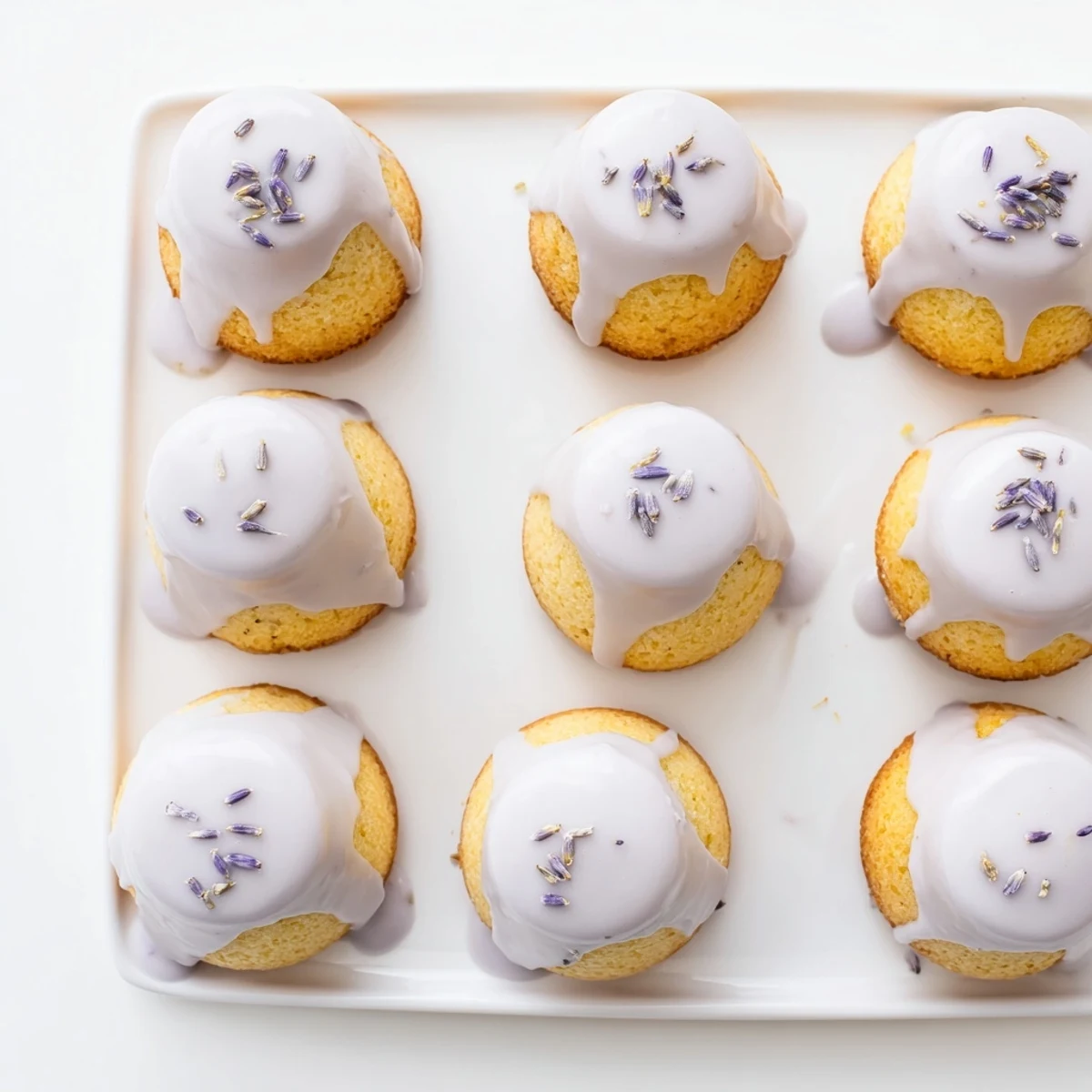 Golden mini lemon cakes with lavender glaze drizzled over top on white plate