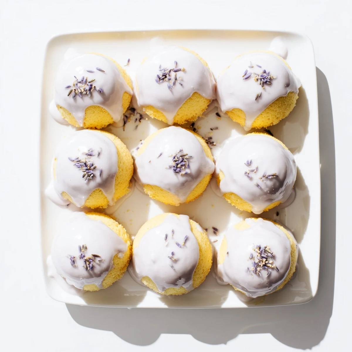 Close-up of moist lemon mini cakes topped with purple lavender-infused glaze garnish