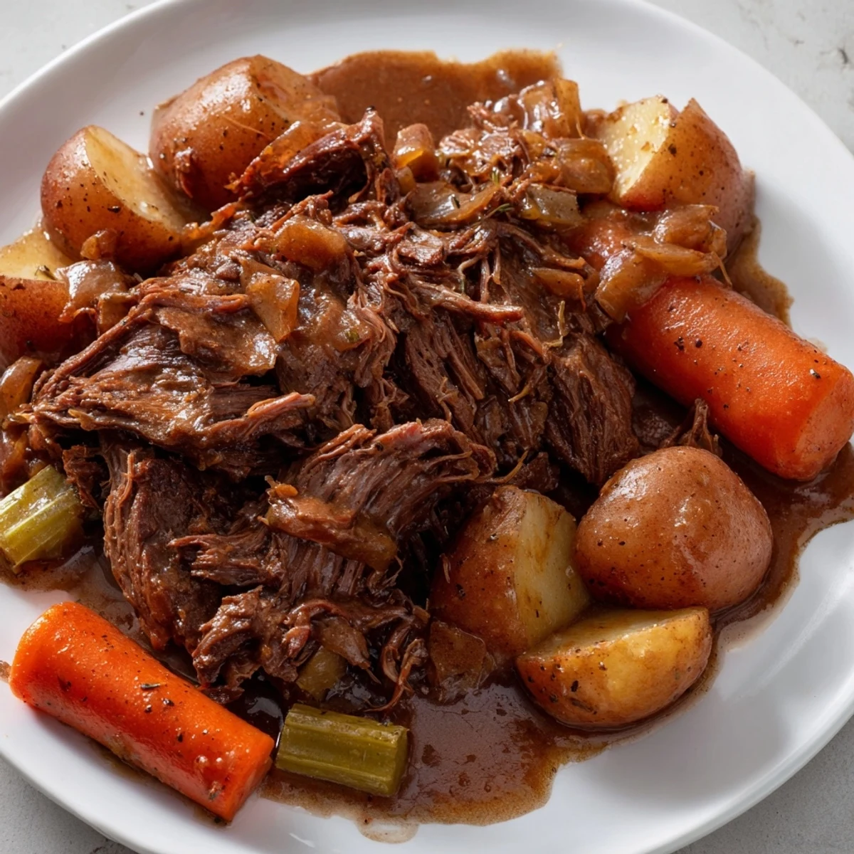 Fork-tender slow cooked beef chuck roast surrounded by roasted vegetables and dark glossy sauce plating