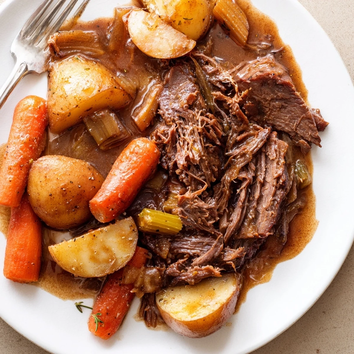 Comforting Southern style pot roast served family style with buttery vegetables and thick homemade gravy