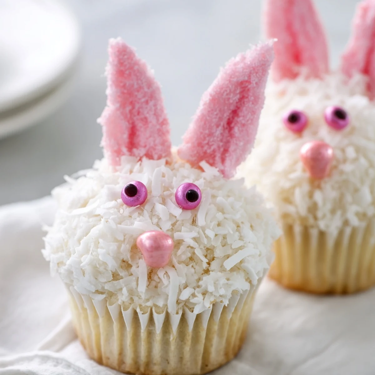 Fluffy vanilla bunny cupcakes topped with coconut fur, pink marshmallow ears, and candy eyes