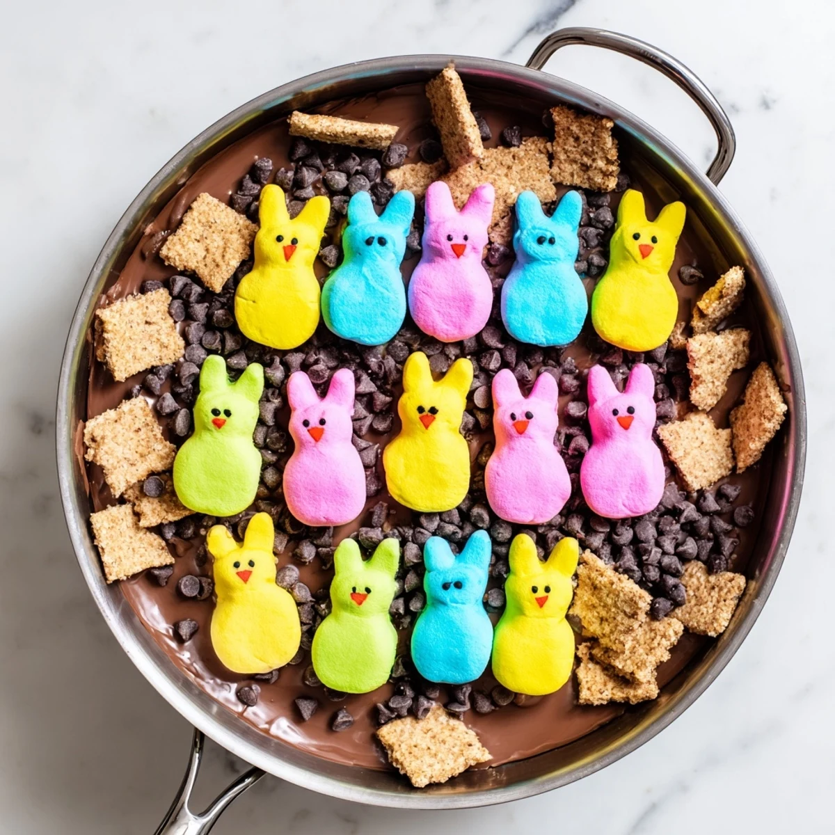 Cast iron Peeps skillet smores topped with puffy marshmallows ready for graham cracker dipping