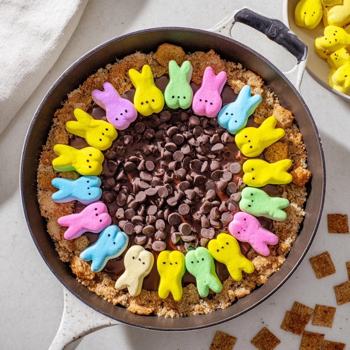 Golden Peeps skillet smores with melted chocolate pooling around colorful toasted marshmallows