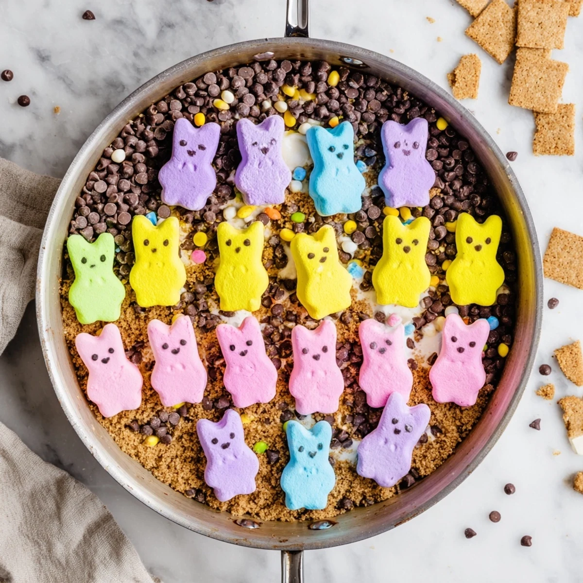 Colorful Easter Peeps skillet smores bubbling with gooey chocolate and crisp graham crackers