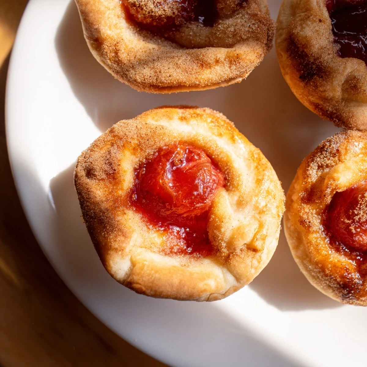 Mini cherry pie bites baked until golden with bubbling red fruit filling