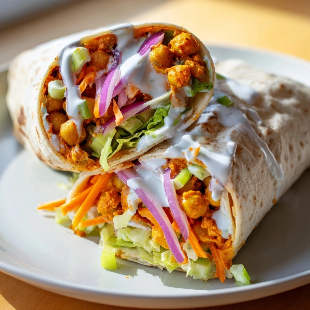 Golden tortilla wrap filled with spicy buffalo chickpeas, crisp lettuce, and colorful vegetables