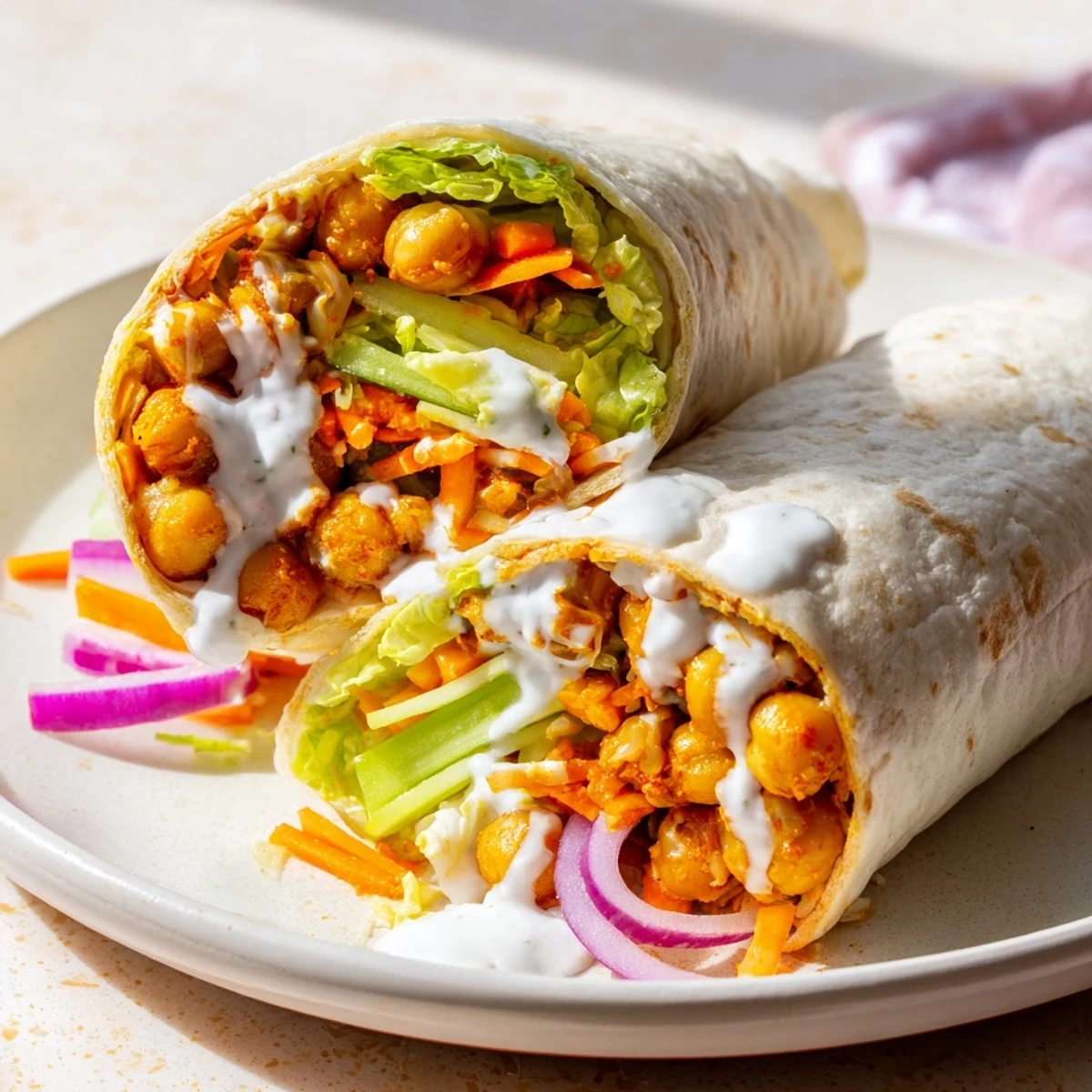 Flour tortilla rolled around tangy buffalo chickpea filling with shredded lettuce and creamy dressing