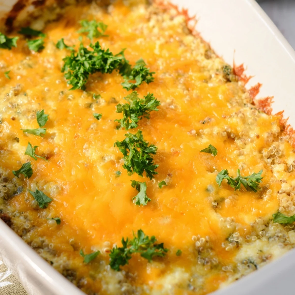 Golden quinoa spinach and egg bake with melted cheese crust served in square baking dish