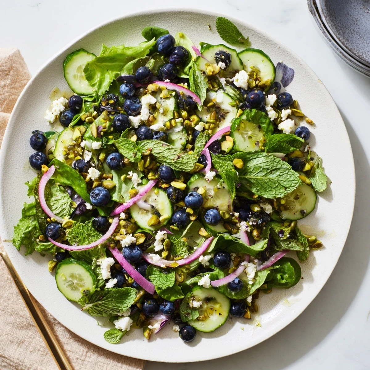 Fresh blueberry pistachio spring salad with juicy berries and toasted nuts in a bowl