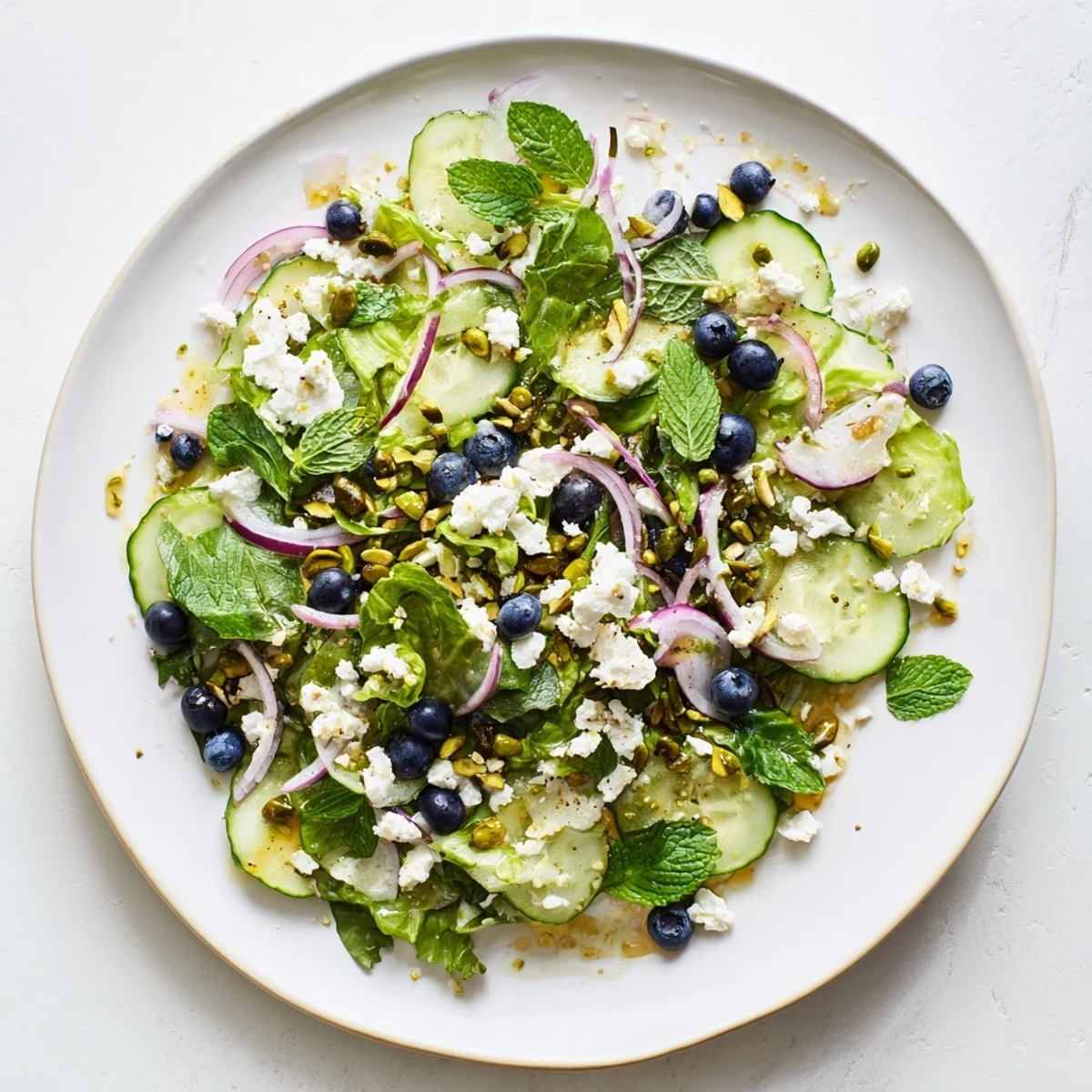 Colorful blueberry pistachio spring salad drizzled with lemon honey vinaigrette on a white plate