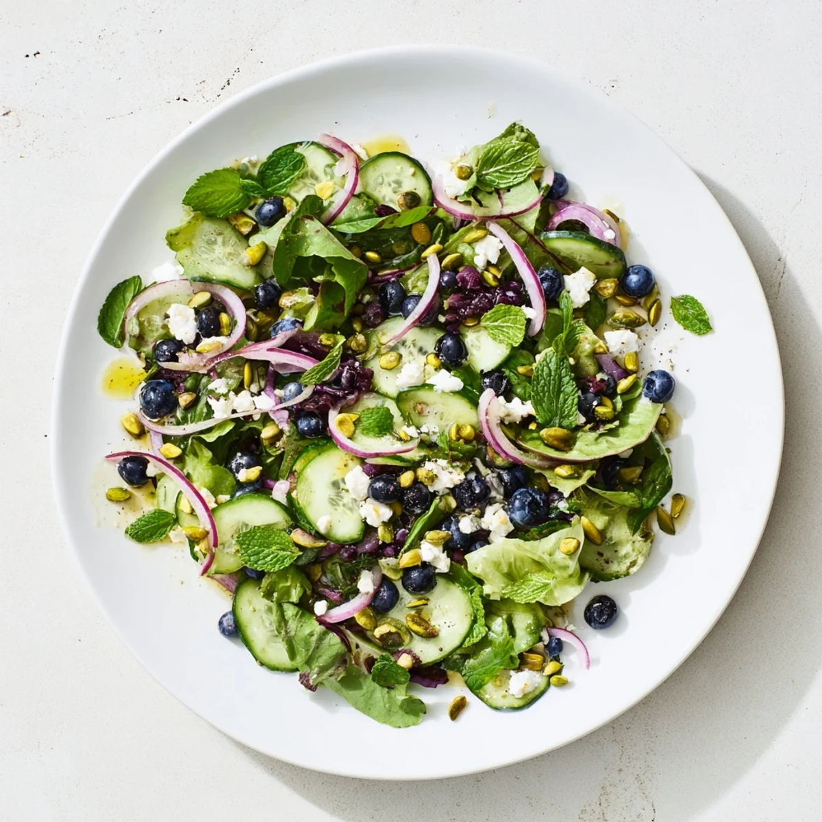 Vibrant blueberry pistachio spring salad featuring fresh greens, feta cheese, and crisp cucumber slices
