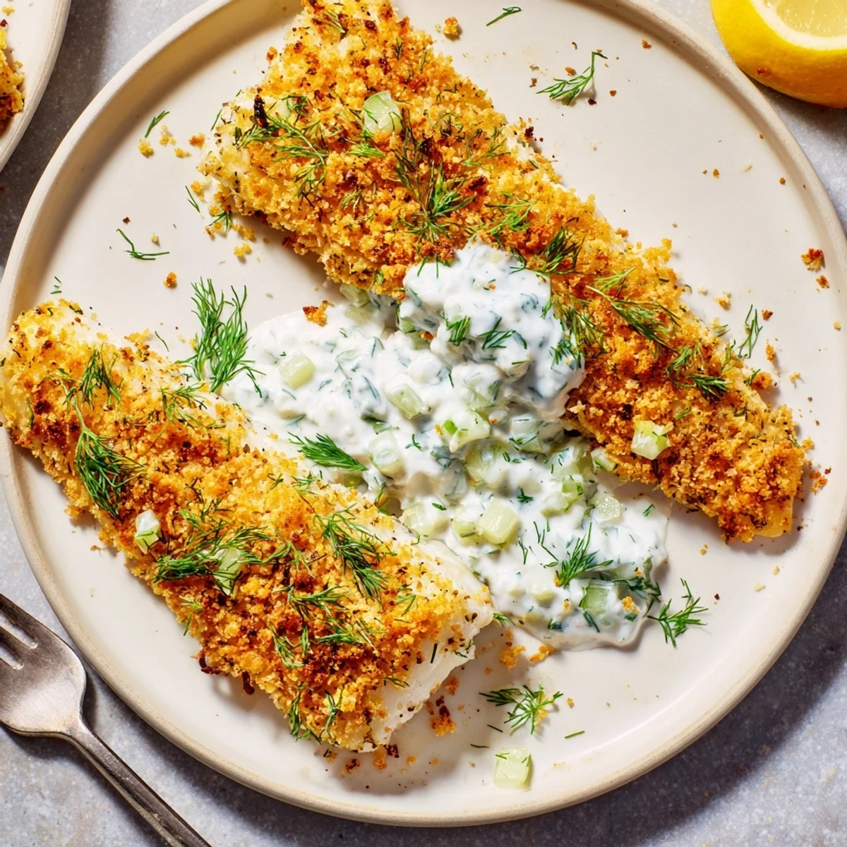 Crispy oven baked crumbed fish topped with lemon wedges and cool yoghurt dipping sauce