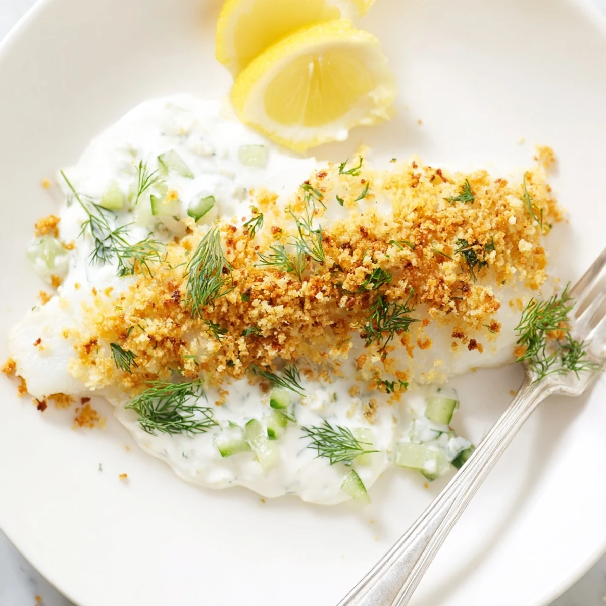 Golden crumbed fish fillets fresh from the oven with creamy dill cucumber yoghurt sauce