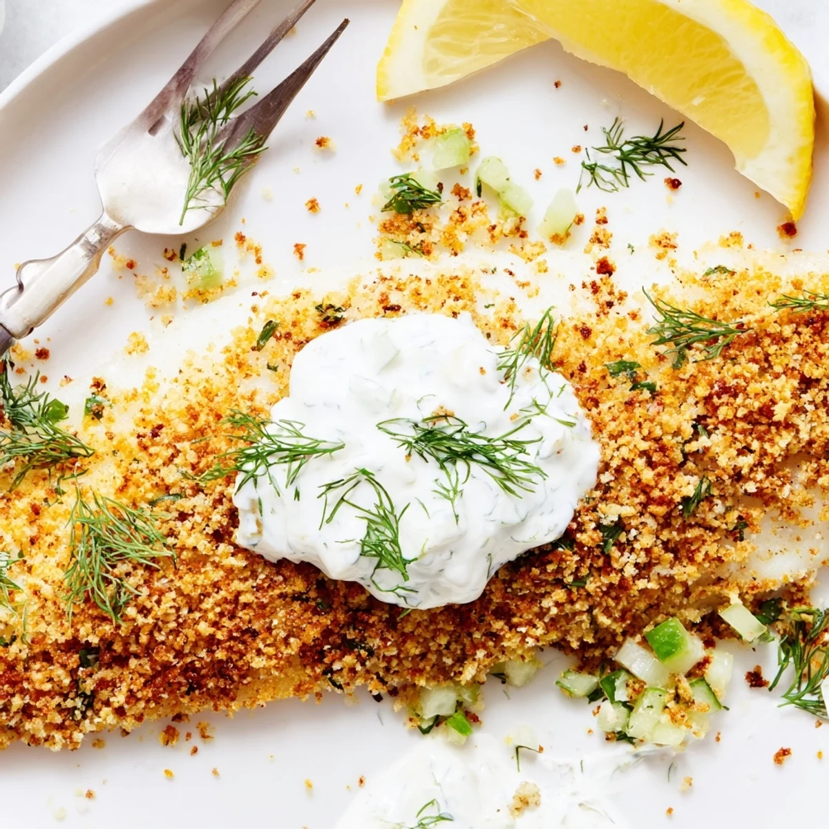 Flaky white fish in crunchy panko coating served alongside tangy lemon dill yoghurt dressing