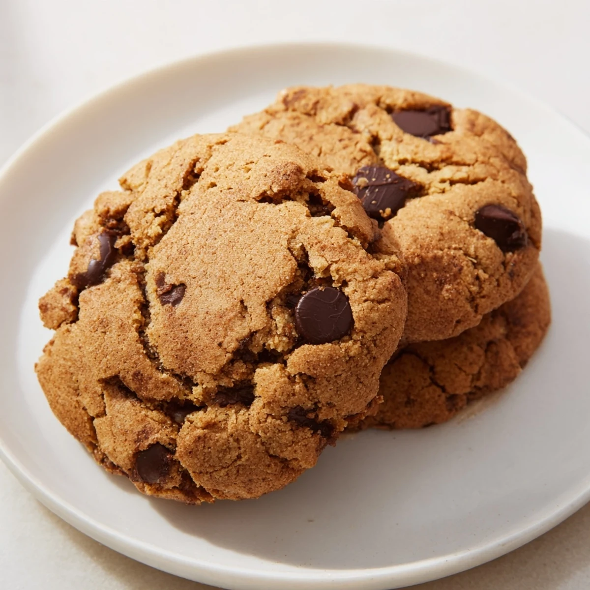 Soft Vietnamese cinnamon chocolate chip cookies with melty chocolate chunks on a white plate