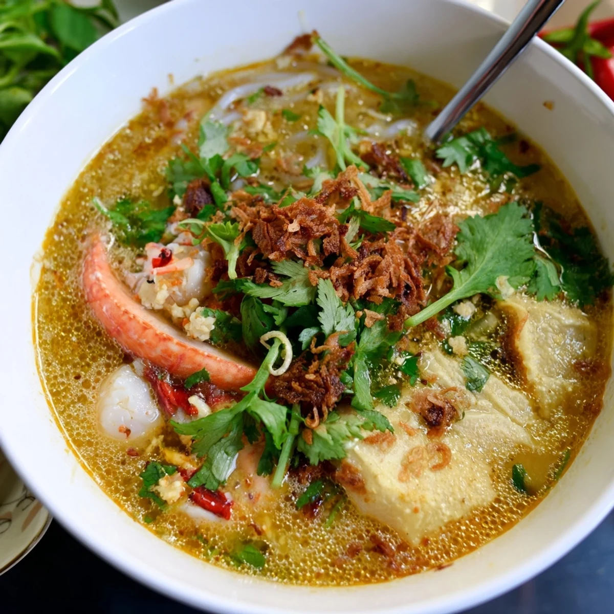 Golden banh canh cua soup garnished with cilantro, fried shallots, and tender crab pieces in savory stock